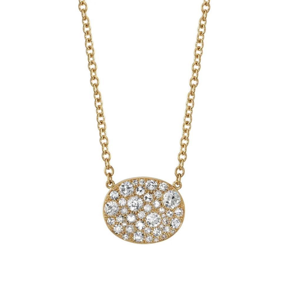 Single Stone 18K Yellow Gold and Diamond Oval Cobblestone Necklace